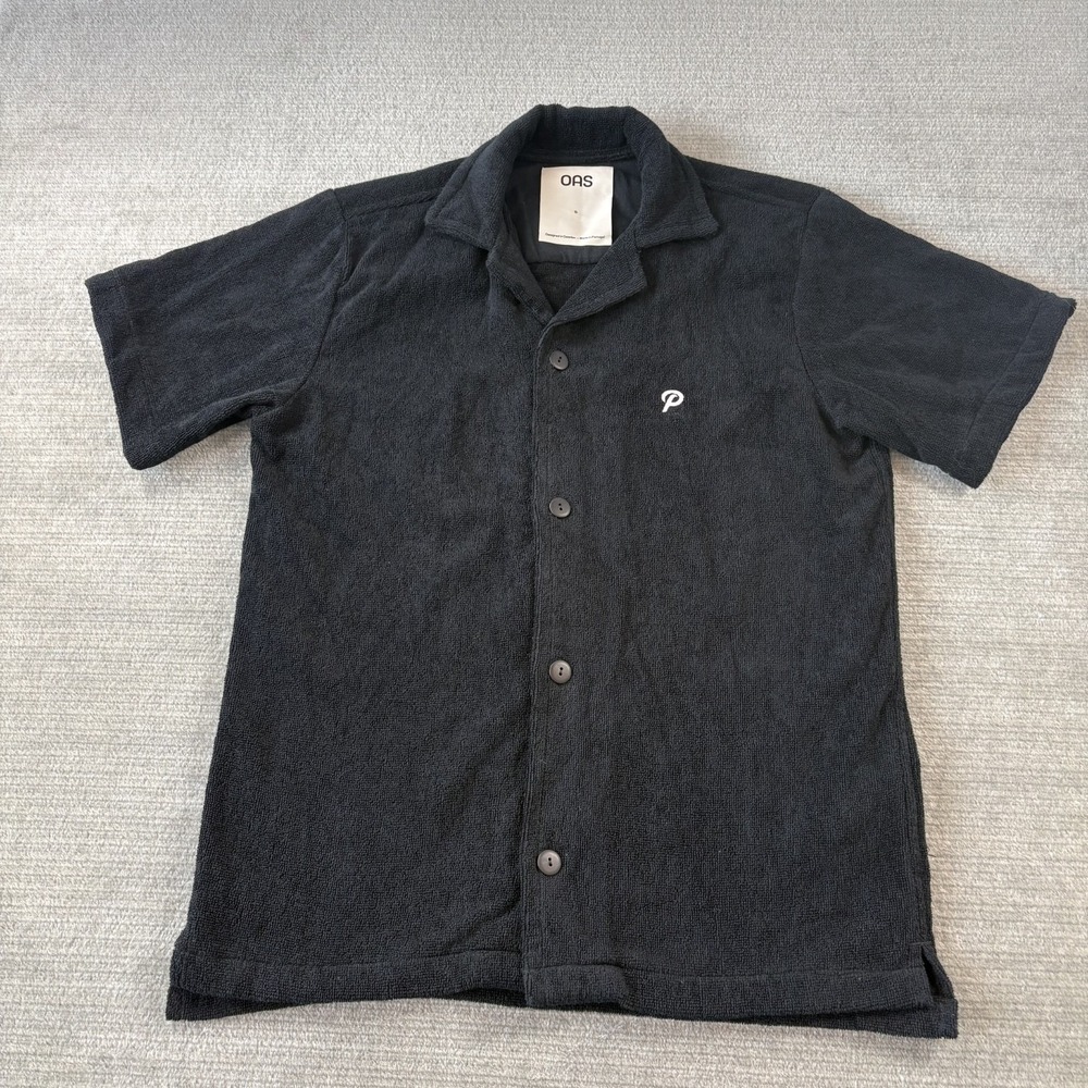 OAS Black Cuba Terry Cloth Shirt Mens  S Black "P" Logo Resortwear Cabana Beachy